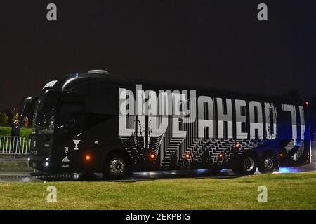 TURIN, ITALY - October 04, 2020: The bus transporting Juventus' players arrives at the Allianz Stadium ahead the scheduled Serie A football match between Juventus FC and SSC Napoli. In all likelihood Juventus FC will be awarded a 3-0 victory by default since SSC Napoli didn't show up as they had been prevented from travelling to Turin by local health authorities (ASL) due to the possibility of a COVID-19 coronavirus outbreak in the squad. Also Juventus FC squad have gone into isolation after two staff members tested positive for COVID-19 coronavirus, however Juventus FC showed up at Allianz St