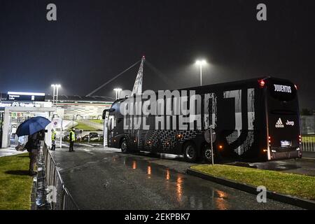 TURIN, ITALY - October 04, 2020: The bus transporting Juventus' players arrives at the Allianz Stadium ahead the scheduled Serie A football match between Juventus FC and SSC Napoli. In all likelihood Juventus FC will be awarded a 3-0 victory by default since SSC Napoli didn't show up as they had been prevented from travelling to Turin by local health authorities (ASL) due to the possibility of a COVID-19 coronavirus outbreak in the squad. Also Juventus FC squad have gone into isolation after two staff members tested positive for COVID-19 coronavirus, however Juventus FC showed up at Allianz St