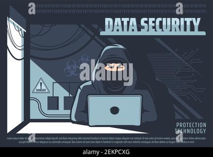 Data security, man working on computer, protection technology. Vector man working on laptop, hacker in mask gain unauthorized access to data. Schemes Stock Vector