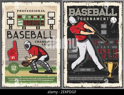 Baseball sport league championship retro poster for professional team  tournament. Vector vintage design of baseball player with ball and bat in  glove Stock Vector Image & Art - Alamy