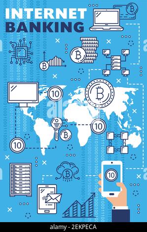 Internet banking, cryptocurrency payment and transactions commerce blockchain technology. Vector thin line crypto currency bit coin wallet in smartpho Stock Vector