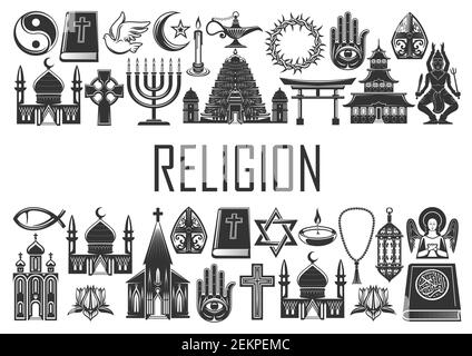 Religion, religious icons and symbols of Christianity, Islam and Buddhism. World religion signs of Catholic or Orthodox church, Shinto and Judaism, Mu Stock Vector