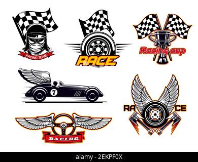 Winged wheel of race car and trophy cup with crossed spanners and stars ...