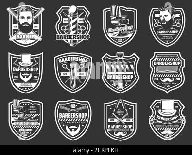 Barbershop hair cut and shaving salons isolated icons. Vector hair, beard and mustaches shave service, razor blades, hairbrushes and combs, scissors, Stock Vector