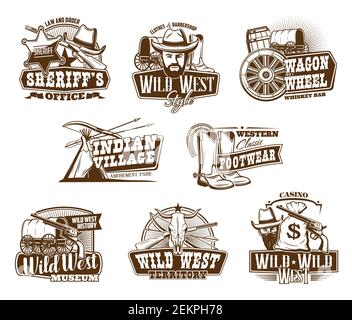 Western Texas cowboy and Wild West vintage icons. Vector clothes and barber shop sign, country ranch longhorn bull skull, sheriff star badge, cowboy h Stock Vector