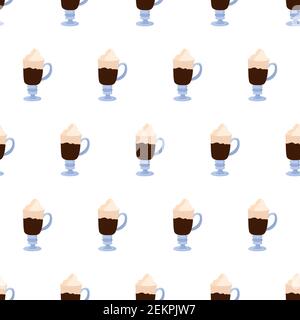 Seamless pattern with irish coffee. Hot drink background. Caffeine drink in glass with cream. Stock Vector