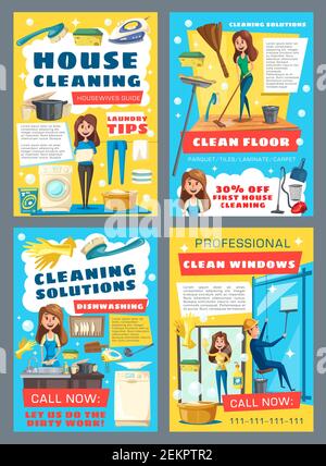 House cleaning and professional laundry service posters. Vector housewife mopping floor and laundry, washing, window glass cleaning and kitchen dish w Stock Vector