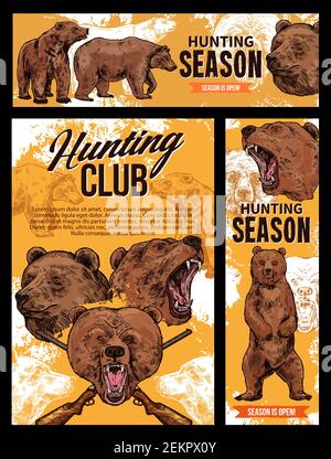 Hunter club, wild grizzly bear hunting season sketch posters and banners. Vector wild forest animals hunt adventure, hunter equipment and ammo shotgun Stock Vector