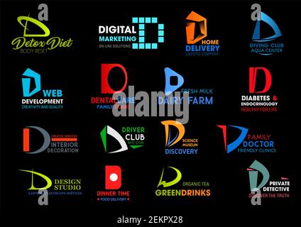 D letter, business identity icons,. Vector nutrition diet and marketing, delivery and diving, development and dental care. Farming and interior design Stock Vector