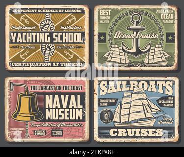 Nautical vector design of anchors, chains and ocean ship rope, sailboat, compass and marine sailor knot, sea captain cap and bell. Rusty metal signboa Stock Vector