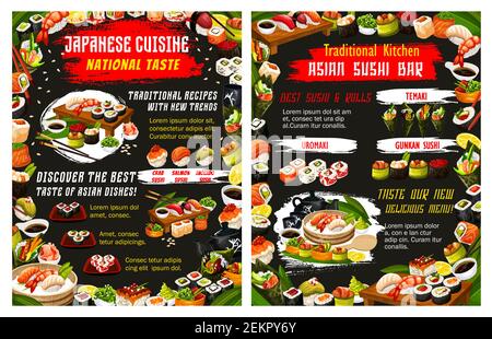 Japanese sushi bar menu with rice, fish and seafood vector design of Asian restaurant. Salmon and tuna rolls, shrimp seaweed temaki and avocado uramak Stock Vector