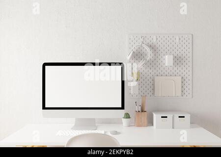 workspace with mockup blank screen laptop computer. 3D Rendering. Stock Photo