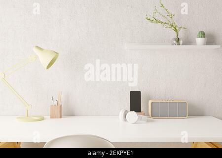workspace home office desk supplies on office workplace. 3D Rendered. Stock Photo