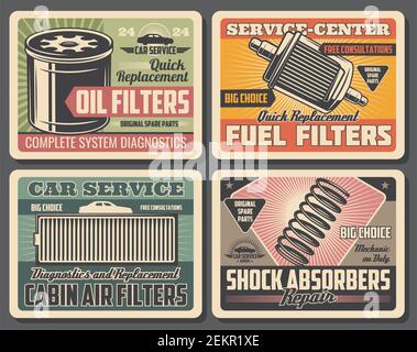 Car service and auto repair vector design of vehicle spare parts replacement, engine diagnostics and maintenance. Motor oil, fuel and cabin air filter Stock Vector