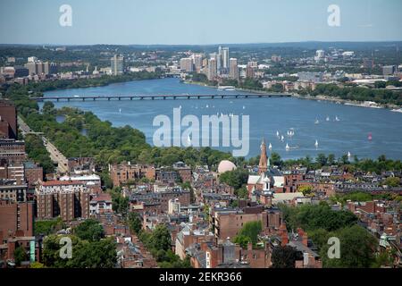 An aerial wide angle view of Beacon Hill, the Mass Ave bridge over the Charles river and Cambridge MA USA. Stock Photo