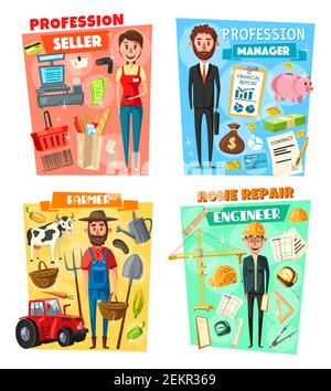 Business manager, farmer, architect engineer and supermarket seller professions. Vector cartoon shopping cart, money and contracts, farming agricultur Stock Vector