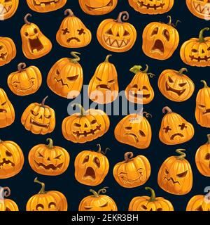 Halloween pumpkins seamless pattern of horror holiday cute and scary faces. Vector background with jack-o-lantern monsters, made of carved orange squa Stock Vector