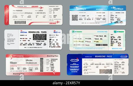 Airlines boarding pass and ticket templates. Vector air ways admission on flight with barcode or QR code, date and place of seat. Travelling by plane Stock Vector