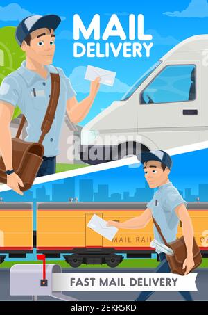 Fast mail delivery and courier postman, van and railway train. Vector. Express delivery service, post office man with envelope in hands. Parcels and c Stock Vector