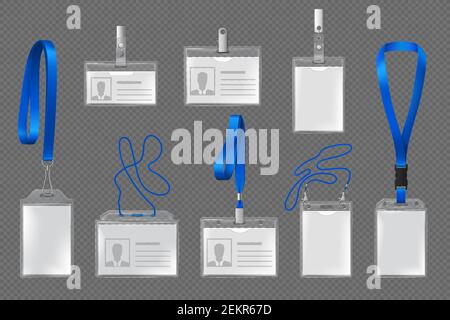 Id card, badge or name tag vector templates with vertical and horizontal clear plastic holders, blue lanyards, metal clips, straps and buckle. Identif Stock Vector