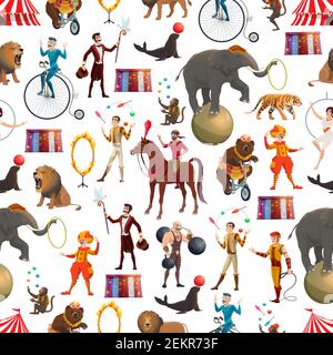 Circus entertainment show seamless pattern. Vector background of circus tamer with lion in fire ring, elephant and monkey, muscleman and bear on bicyc Stock Vector