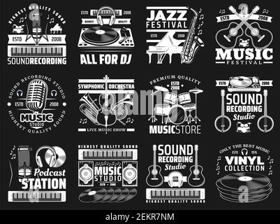 Musical instrument and sound recording studio equipment vector icons of music design. Piano, guitar and vinyl record player, microphone, drum and head Stock Vector