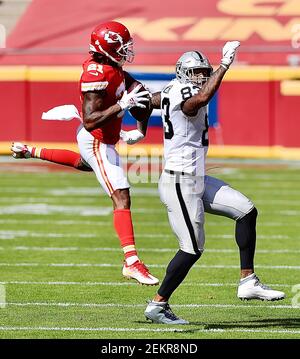 Kansas City Chiefs cornerback Bashaud Breeland (21) loses his helmet while  tackling Las Vegas Raiders fullback Alec Ingold (45) during an NFL football  game, Sunday, Oct. 11, 2020, in Kansas City, Mo. (