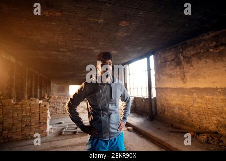 Close up view of sporty active afro american runner man ready for training.. Stock Photo