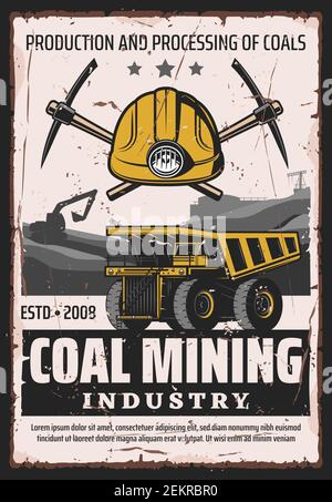Coal mining industry, production and processing of ore, vector design. Work tools of miner, crossed picks and truck wheel, excavator and mine quarry. Stock Vector