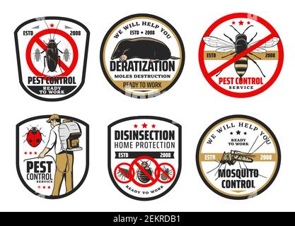 Pest and mosquito control, deratization and disinsection. Vector exterminator in uniform with cold fogger spraying herbicides pesticides, fighting wit Stock Vector