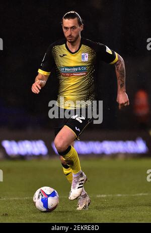 OLDHAM, ENGLAND. FEB 23RD: Stock action picture of Oliver Banks of Barrow during the Sky Bet League 2 match between Oldham Athletic and Barrow at Boundary Park, Oldham on Tuesday 23rd February 2021. (Credit: Eddie Garvey | MI News) Credit: MI News & Sport /Alamy Live News Stock Photo