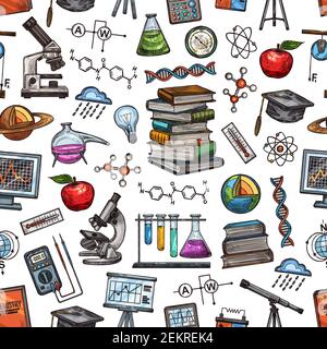 Science laboratory and education knowledge sketch seamless pattern. Vector background of DNA in laboratory microscope, chemistry test vials or univers Stock Vector