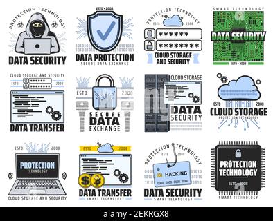 Internet data information security and cloud storage digital technology icons. Vector internet computer network protection, bitcoin cryptocurrency dat Stock Vector
