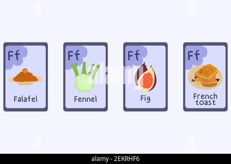 Colorful Phonics flashcard Letter F - fig, falafel, fennel, french toast. Food themed ABC cards for teaching reading with foods, vegetables, fruits and nuts. Series of ABC. Stock Vector