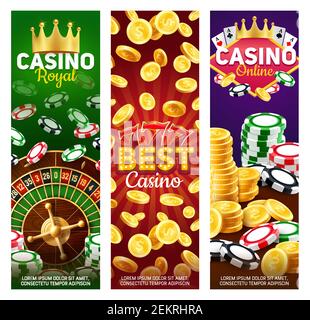 Casino poker and roulette gambling games vector banners with 3d playing cards, roulette wheel, chips and dice, money, gold coins and jackpot 777. Gamb Stock Vector