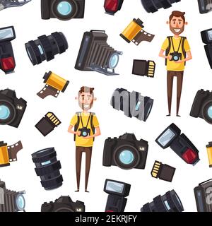 Photographer and professional photography equipment seamless pattern. Vector cartoon background of cameraman or journalist man with camera, optic lens Stock Vector