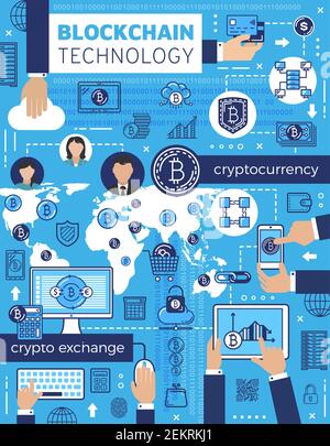 Bitcoin, cryptocurrency and blockchain technology vector design. Crypto currency mining, digital money wallet, network payment and security exchange t Stock Vector