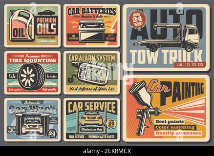 Engine oil, wheel tire mounting and car wash, car painting or spare parts shop. Car service center, auto repair and maintenance or diagnostics service Stock Vector