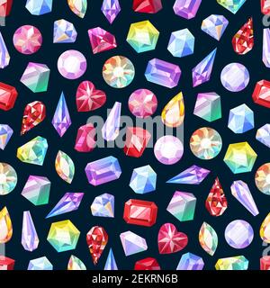 Gemstones seamless pattern of gem jewels, diamonds and jewelry precious stones. Vector background of ruby, sapphire crystal and emerald, opal and amet Stock Vector