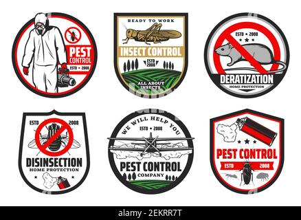 Pest and insect control, deratization and disinsection isolated icons. Vector house and harvest protection, exterminator in chemical protextive unifor Stock Vector