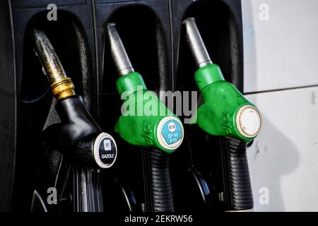 Le Rove, France. 2nd Feb, 2021. Gas pumps seen at a gas station in Le Rove.Fuel prices are rising following the resumption of economic activity despite the covid-19 pandemic. Credit: Gerard Bottino/SOPA Images/ZUMA Wire/Alamy Live News Stock Photo