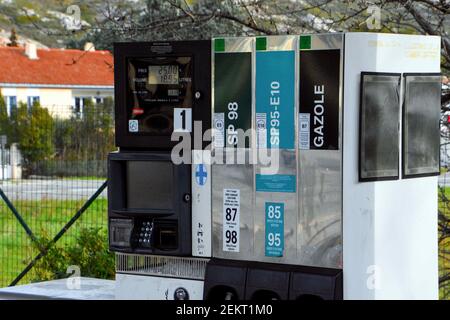 Le Rove, France. 2nd Feb, 2021. Gas pumps seen at a gas station in Le Rove.Fuel prices are rising following the resumption of economic activity despite the covid-19 pandemic. Credit: Gerard Bottino/SOPA Images/ZUMA Wire/Alamy Live News Stock Photo