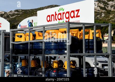 Le Rove, France. 2nd Feb, 2021. Gas cylinders seen at antargaz, gas station in Le Rove.Fuel prices are rising following the resumption of economic activity despite the covid-19 pandemic. Credit: Gerard Bottino/SOPA Images/ZUMA Wire/Alamy Live News Stock Photo