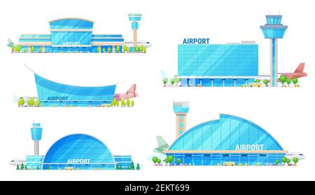 Airport modern buildings and traffic control tower isolated vector icons. Terminals and runway, planes, facades exteriors. Aviation infrastructure, ai Stock Vector