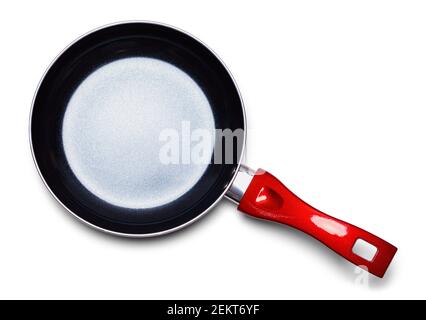 Frying Pan With Red Handle Top View Cut Out. Stock Photo