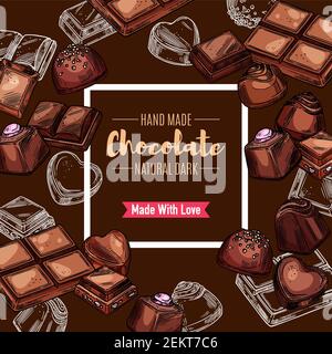 Chocolate candy and bars vector design of sweet food dessert. Sketches of dark cocoa candies in a shape of square, heart and pyramid with praline, tru Stock Vector