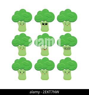 Cute broccoli funny cartoon vegetable icon set isolated on white background. Stock Vector