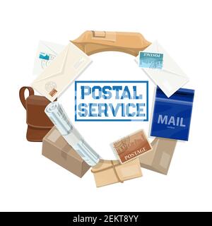 Postal service vector icon of mail delivery design. Parcels, letters and post office packages, envelopes, stamps and postman bag, mailbox, newspaper a Stock Vector