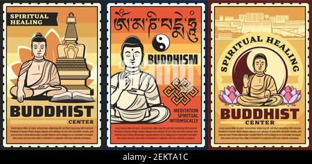 Buddhism religion vector posters, Buddhist Tibet temples and shrines ...