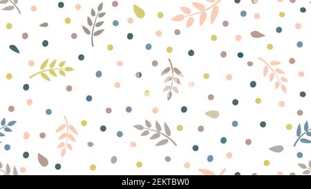 Floral pattern with leaves and dots in minimal childihs style. Abstract seamless festive background. Flourish ornamental garden with polka dot ornamen Stock Vector